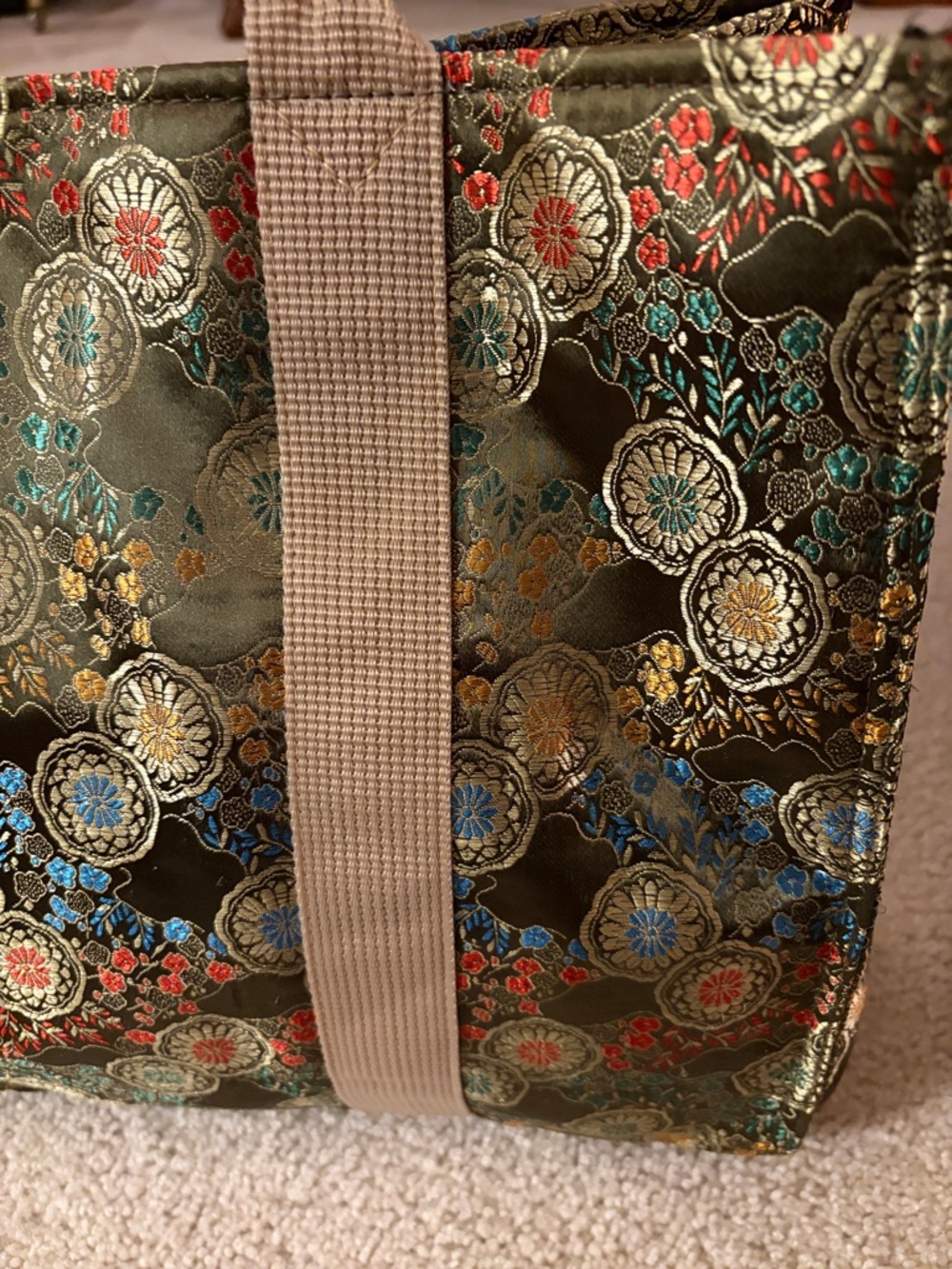 Oriental Olive Green Vibrant Floral Jacquard Satin Tote Bag with Beige Straps - Picture 7 of 16